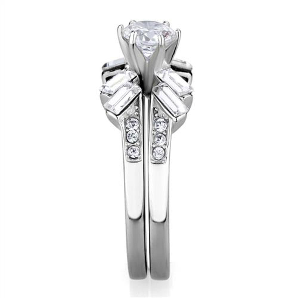 ARTK1856 Stainless Steel 1.65 Ct Round & Baguette Cut Cz Wedding Ring Set Women's Size 5-10